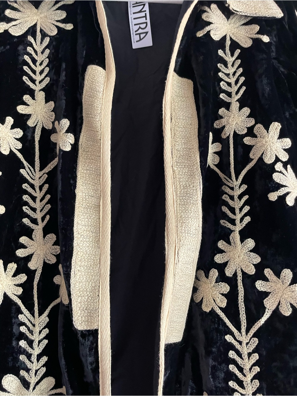 Antra Embroidered Velvet Black & Cream Long MIDI Jacket Coat - Picture 4 of 16